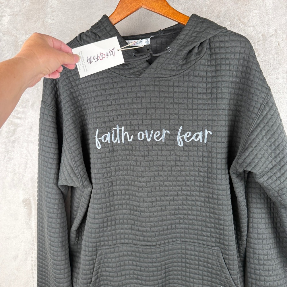 Christian Fear over Faith Women XL Black‎ Quilted Hoodie NWT